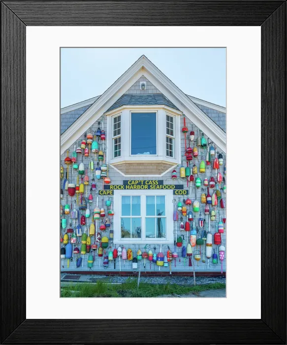 Framed Print : USA, Massachusetts, Cape Cod, Lower Cape, Orleans, Rock Harbor, Captain Cass Rock Harbor Seafood restaurant, decorated with lobster buoys Framed Print : USA, Massachusetts, Cape Cod, Lower Cape, Orleans, Rock Harbor, Captain Cass Rock Harbor Seafood restaurant, decorated with lobster buoys