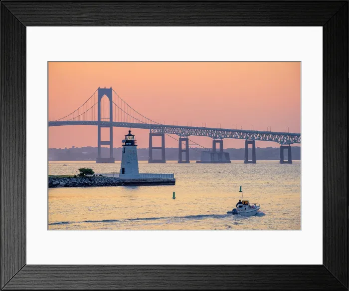 Framed Print : USA, Rhode Island, Newport, Narragansett Bay, Claiborne Pell Bridge or Newport Bridge, Goat Island Lighthouse Framed Print : USA, Rhode Island, Newport, Narragansett Bay, Claiborne Pell Bridge or Newport Bridge, Goat Island Lighthouse