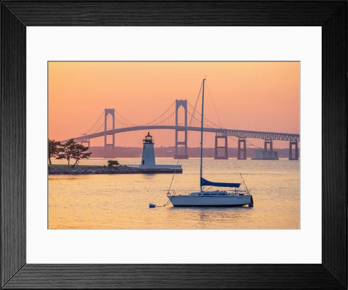 Framed Print : USA, Rhode Island, Newport, Narragansett Bay, Claiborne Pell Bridge or Newport Bridge, Goat Island Lighthouse Framed Print : USA, Rhode Island, Newport, Narragansett Bay, Claiborne Pell Bridge or Newport Bridge, Goat Island Lighthouse
