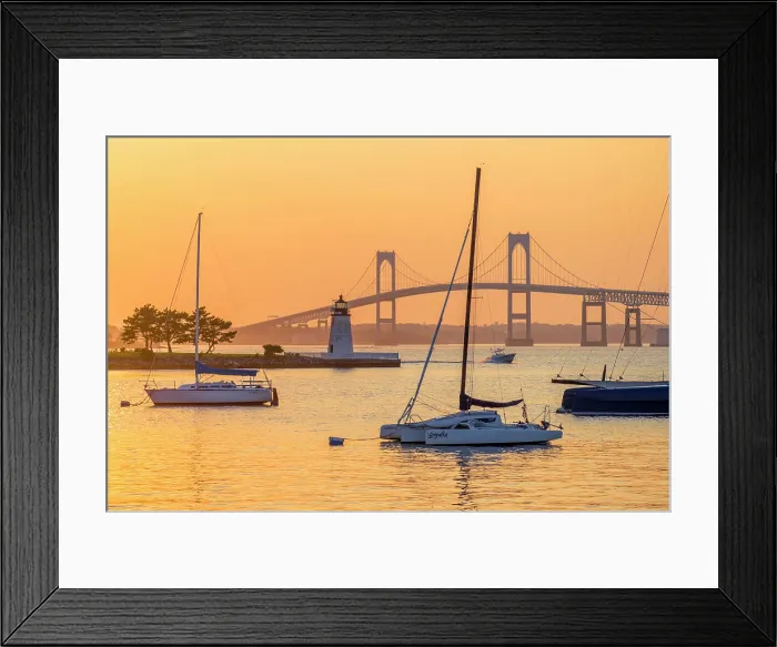 Framed Print : USA, Rhode Island, Newport, Narragansett Bay, Claiborne Pell Bridge or Newport Bridge, Goat Island Lighthouse
