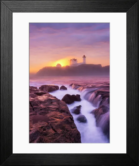 Framed Print : Sunrise with fog at Nubble Lighthouse, Cape Neddick, Maine, USA Framed Print : Sunrise with fog at Nubble Lighthouse, Cape Neddick, Maine, USA