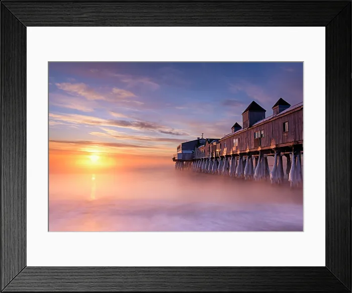 Framed Print : Winter sunrise with sea fog at Old Orchard Beach pier, Old Orchard, Maine, USA Framed Print : Winter sunrise with sea fog at Old Orchard Beach pier, Old Orchard, Maine, USA