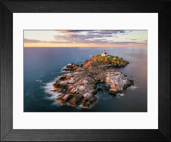Framed Print : Aerial view of Nubble Lighthouse at sunrise, Cape Neddick, Maine, USA Framed Print : Aerial view of Nubble Lighthouse at sunrise, Cape Neddick, Maine, USA