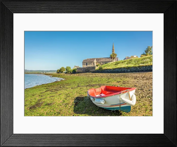 Framed Print : Boat on the shore, with the eglise Notre-Dame, Landevennec, Crozon Peninsula, Finistere, Brittany, France Framed Print : Boat on the shore, with the eglise Notre-Dame, Landevennec, Crozon Peninsula, Finistere, Brittany, France
