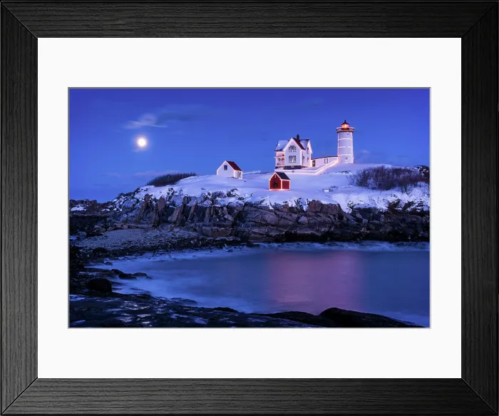 Framed Print : Moon over Nubble Lighthouse with holiday lights, Caple Neddick, Maine, USA Framed Print : Moon over Nubble Lighthouse with holiday lights, Caple Neddick, Maine, USA