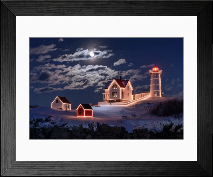 Framed Print : Moon over Nubble Lighthouse with holiday lights, Caple Neddick, Maine, USA Framed Print : Moon over Nubble Lighthouse with holiday lights, Caple Neddick, Maine, USA