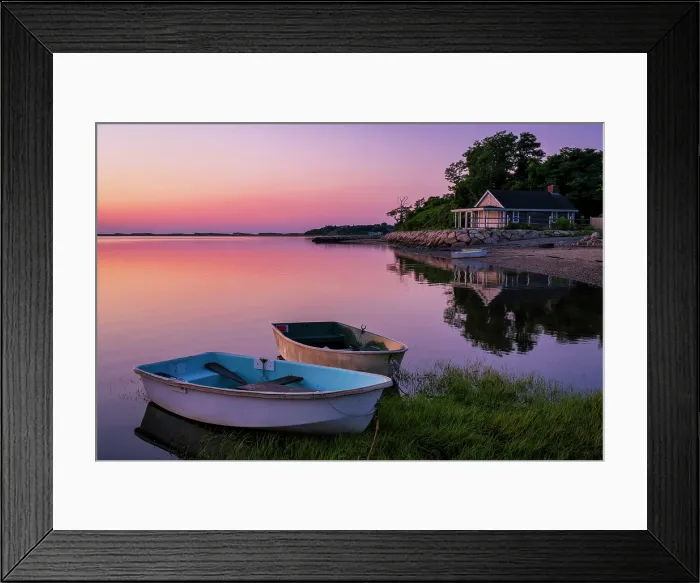 Framed Print : Two rowboats at sunrise with boathouse, Cape Cod, Orleans, Massachusetts, USA Framed Print : Two rowboats at sunrise with boathouse, Cape Cod, Orleans, Massachusetts, USA