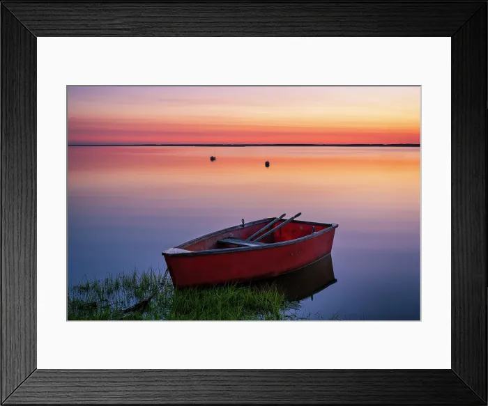 Framed Print : Red rowboat at sunrise on Cape Cod marsh, Orleans, Massachusetts, USA Framed Print : Red rowboat at sunrise on Cape Cod marsh, Orleans, Massachusetts, USA