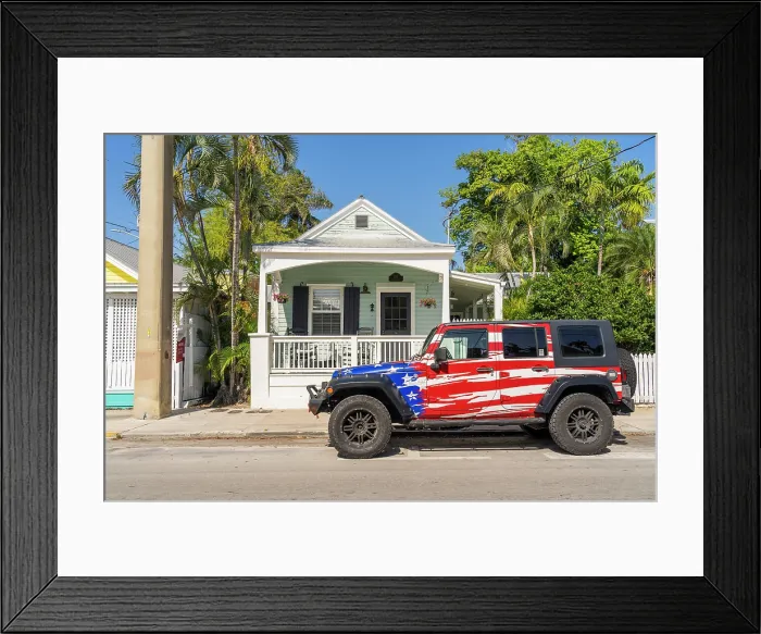 Framed Print : A car with the American flag, Key West, Florida, USA