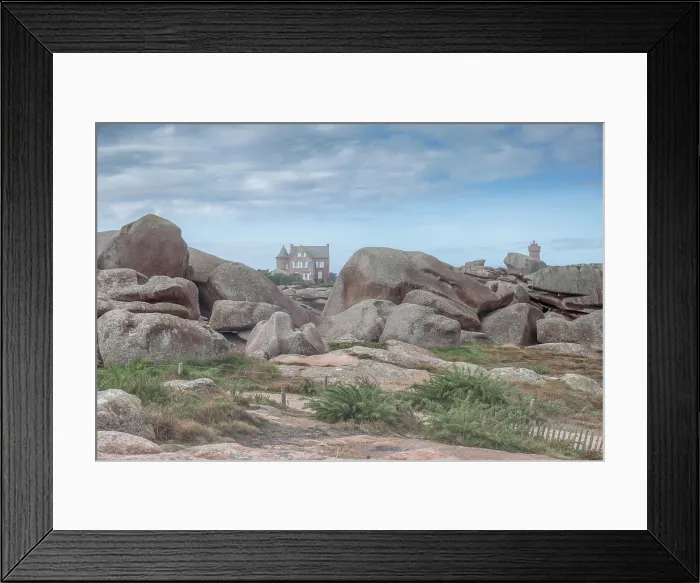 Framed Print : Rocky landscape with manor house at the Phare de Ploumanac'h, Cote de Granit Rose, Cotes-d'Armor, Brittany, France Framed Print : Rocky landscape with manor house at the Phare de Ploumanac'h, Cote de Granit Rose, Cotes-d'Armor, Brittany, France