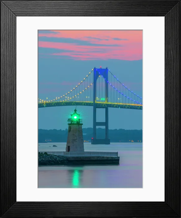 Framed Print : USA, Rhode Island, Newport, Narragansett Bay, Claiborne Pell Bridge or Newport Bridge, Goat Island Lighthouse Framed Print : USA, Rhode Island, Newport, Narragansett Bay, Claiborne Pell Bridge or Newport Bridge, Goat Island Lighthouse