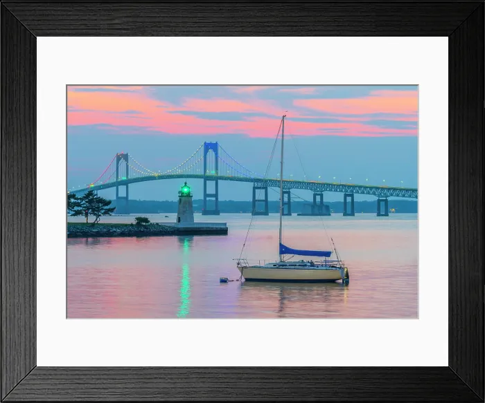 Framed Print : USA, Rhode Island, Newport, Narragansett Bay, Claiborne Pell Bridge or Newport Bridge, Goat Island Lighthouse Framed Print : USA, Rhode Island, Newport, Narragansett Bay, Claiborne Pell Bridge or Newport Bridge, Goat Island Lighthouse