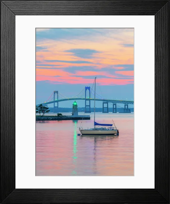 Framed Print : USA, Rhode Island, Newport, Narragansett Bay, Claiborne Pell Bridge or Newport Bridge, Goat Island Lighthouse Framed Print : USA, Rhode Island, Newport, Narragansett Bay, Claiborne Pell Bridge or Newport Bridge, Goat Island Lighthouse