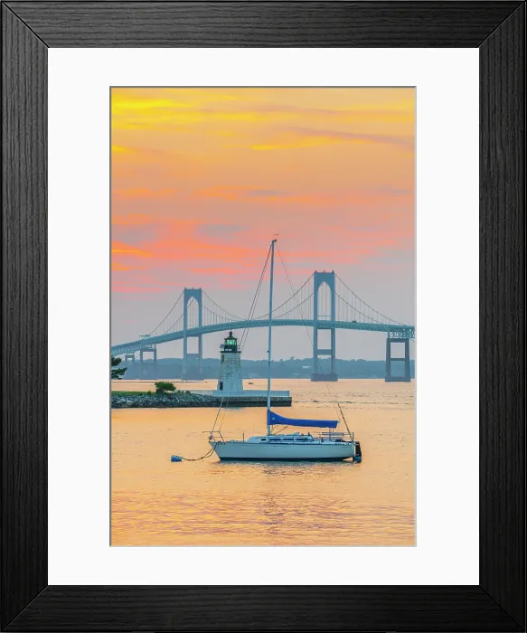 Framed Print : USA, Rhode Island, Newport, Narragansett Bay, Claiborne Pell Bridge or Newport Bridge, Goat Island Lighthouse Framed Print : USA, Rhode Island, Newport, Narragansett Bay, Claiborne Pell Bridge or Newport Bridge, Goat Island Lighthouse