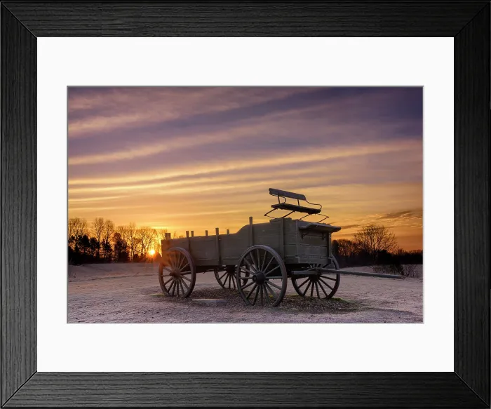 Framed Print : Winter sunrise over old farm wagon at Wagon Hill Farm, Durham, New Hampshire, USA Framed Print : Winter sunrise over old farm wagon at Wagon Hill Farm, Durham, New Hampshire, USA