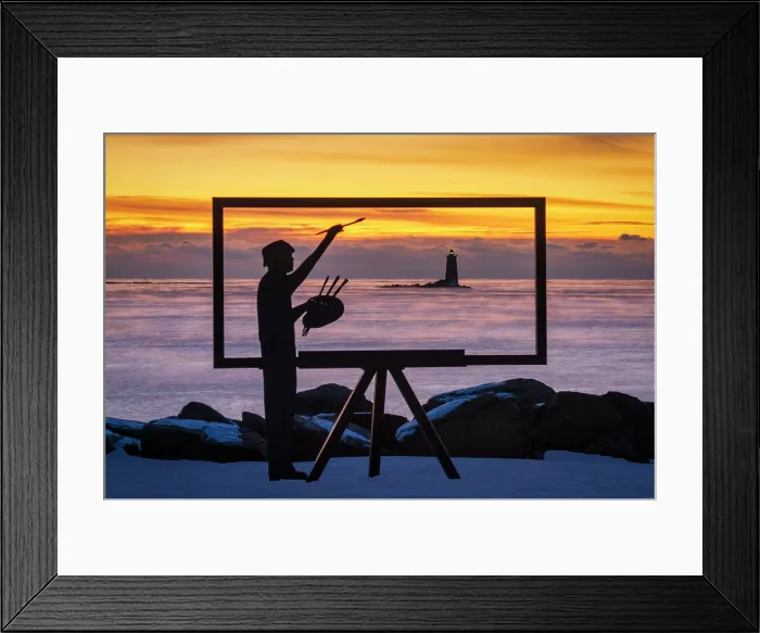 Framed Print : Silhouette art sculpture on coast in winter, New Castle, New Hampshire, USA Framed Print : Silhouette art sculpture on coast in winter, New Castle, New Hampshire, USA