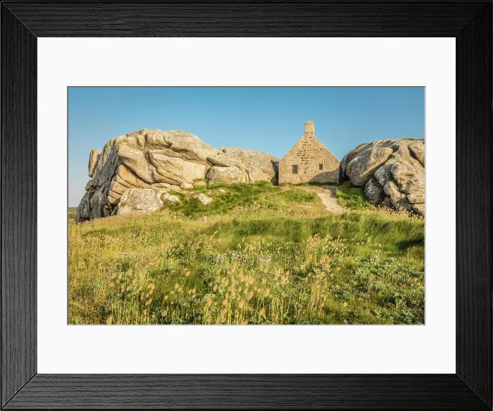 Framed Print : Rock formation and old customs house Menez Ham, Kerlouan, Finistere, Brittany, France