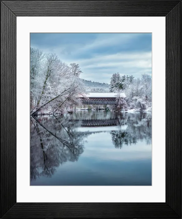 Framed Print : Reflection of Henniker Covered Bridge in snow, Henniker, New Hampshire, USA Framed Print : Reflection of Henniker Covered Bridge in snow, Henniker, New Hampshire, USA