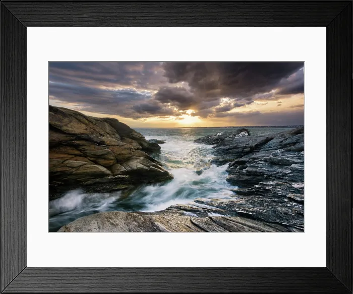 Framed Print : Moody sunset on the rocks at Beavertail State Park, Jamestown, Rhode Island, USA Framed Print : Moody sunset on the rocks at Beavertail State Park, Jamestown, Rhode Island, USA
