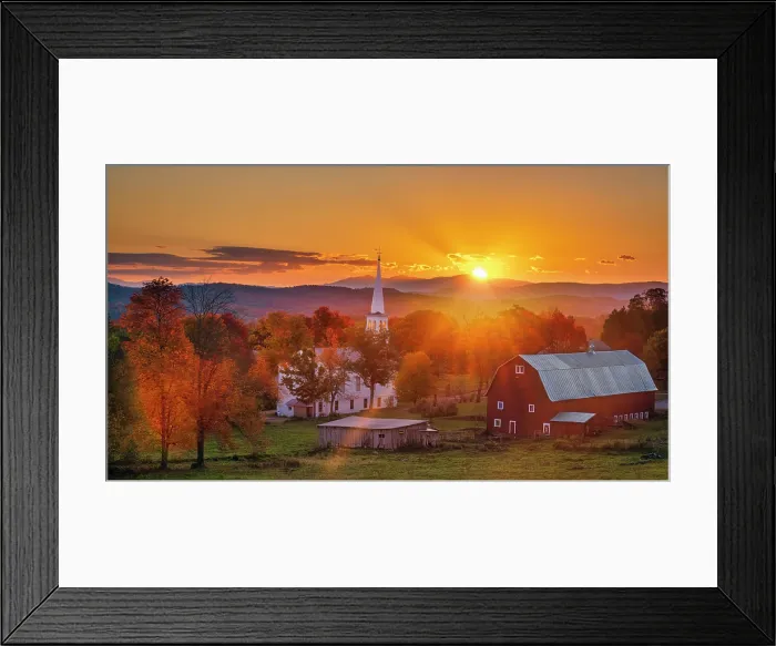 Framed Print : Sunburst over white-steeple church and red barn at sunrise, Green Mountains, Peacham, Vermont, USA Framed Print : Sunburst over white-steeple church and red barn at sunrise, Green Mountains, Peacham, Vermont, USA
