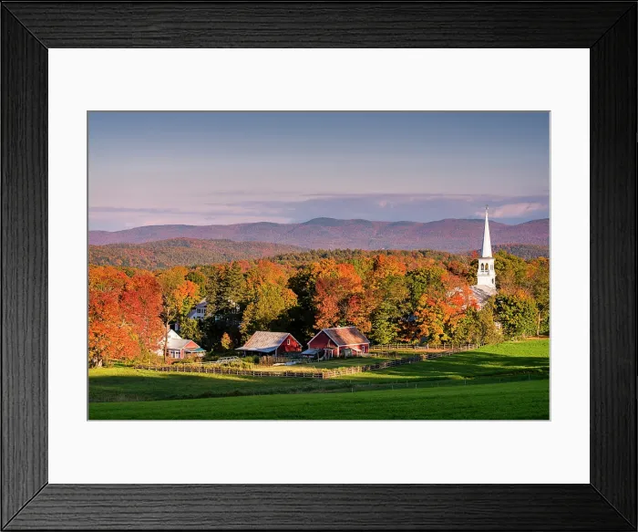 Framed Print : Autumn sunset over white-steeple church and red barns, Green Mountains, Peacham, Vermont, USA