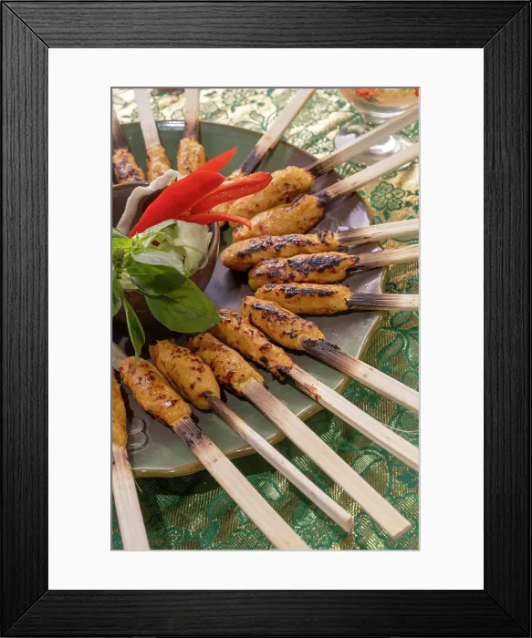 Framed Print : Chicken Satay cooked at a Balinese cooking class, Bali, Indonesia Framed Print : Chicken Satay cooked at a Balinese cooking class, Bali, Indonesia
