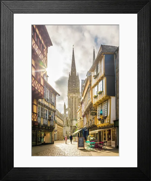 Framed Print : Rue Kereon with view of Saint-Corentin Cathedral, Quimper, Finistere, Brittany, France