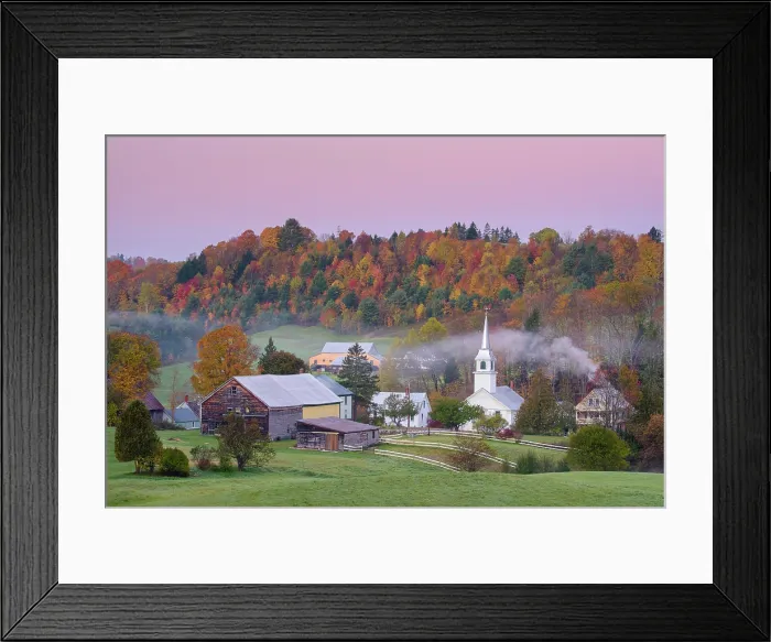 Framed Print : Autumn dawn with fog over white-steeple church and barn, Green Mountains, East Corinth, Vermont, USA Framed Print : Autumn dawn with fog over white-steeple church and barn, Green Mountains, East Corinth, Vermont, USA