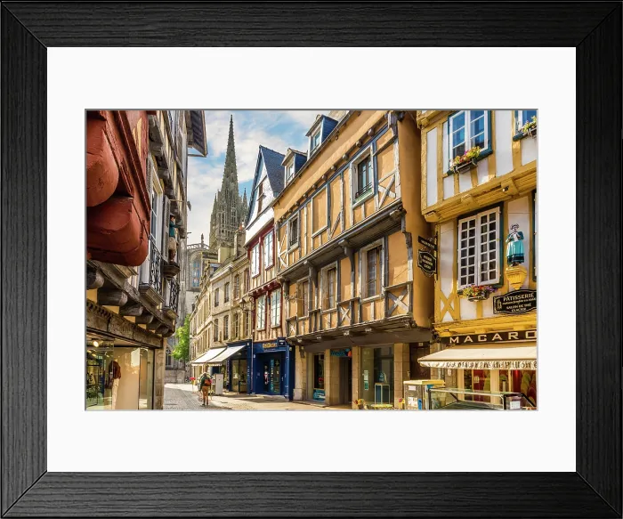 Framed Print : Rue Kereon with view of Saint-Corentin Cathedral, Quimper, Finistere, Brittany, France