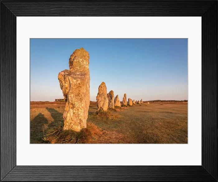 Framed Print : Stone rows of Lagatjar at sunrise, near Camaret-sur-Mer, Finistere, Brittany, France