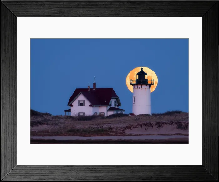 Framed Print : Full moon setting behind Race Point Lighthouse, Cape Cod, Provincetown, Massachusetts, USA