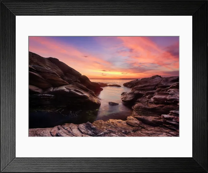 Framed Print : Sunrise on the rocks at Beavertail State Park on Narragansett Bay, Jamestown, Rhode Island, USA