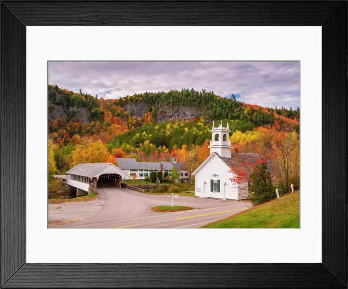 Framed Print : Autumn over white-steepled church and covered bridge, Stark, New Hampshire, USA Framed Print : Autumn over white-steepled church and covered bridge, Stark, New Hampshire, USA