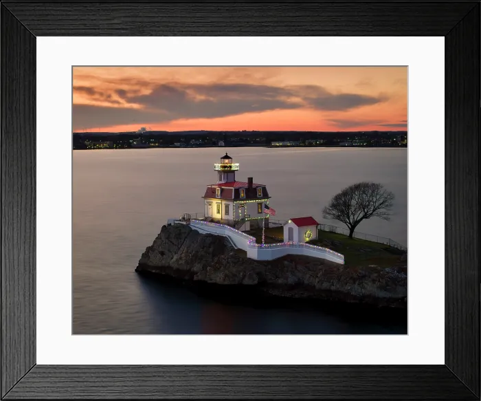 Framed Print : Holiday lights on Pomham Rocks Lighthouse in Providence River, Riverside, Rhode Island, USA