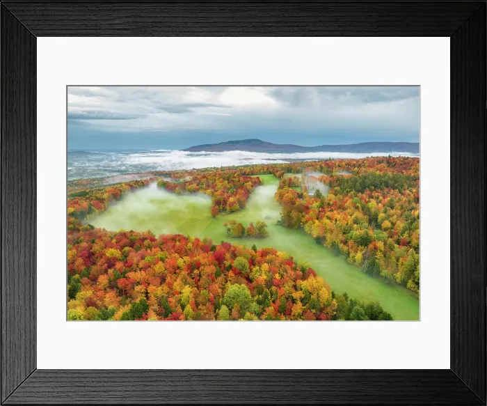 Framed Print : Aerial view of fall foliage with fog, Green Mountains, Morristown, Vermont, USA Framed Print : Aerial view of fall foliage with fog, Green Mountains, Morristown, Vermont, USA