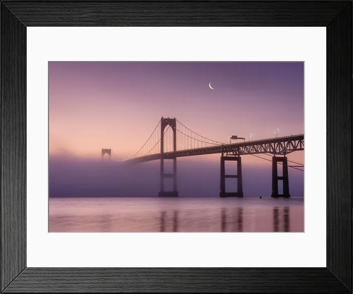 Framed Print : Clairborne Pell Bridge in fog with quarter moon at sunrise, Narragansett Bay, Jamestown, Rhode Island, USA Framed Print : Clairborne Pell Bridge in fog with quarter moon at sunrise, Narragansett Bay, Jamestown, Rhode Island, USA