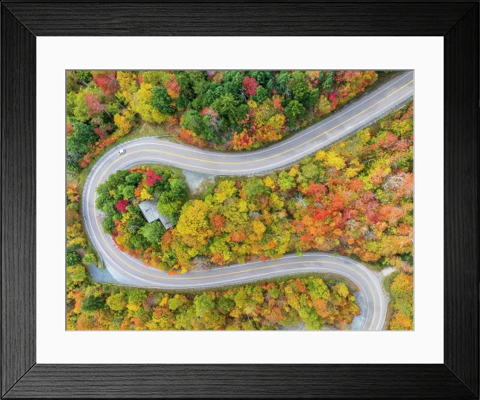 Framed Print : Aerial view of twisting road with vehicle in autumn, Schuss Pass, Waitsfield, Vermont, USA Framed Print : Aerial view of twisting road with vehicle in autumn, Schuss Pass, Waitsfield, Vermont, USA