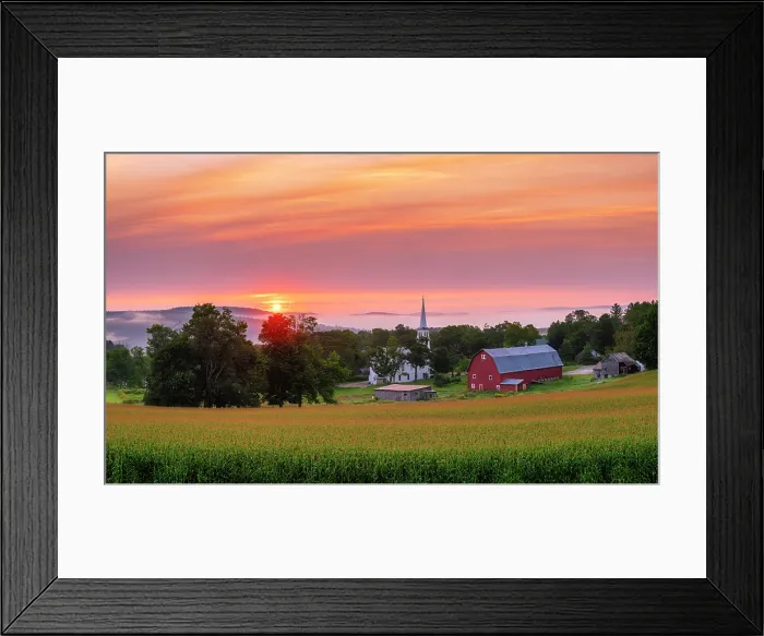 Framed Print : Sunrise over white-steeple church and red barn with corn field, Green Mountains, Peacham, Vermont, USA Framed Print : Sunrise over white-steeple church and red barn with corn field, Green Mountains, Peacham, Vermont, USA