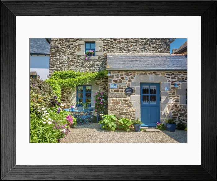 Framed Print : Idyllic seating area in the historic village center of Saint-Suliac, Ille-et-Vilaine, Brittany, France