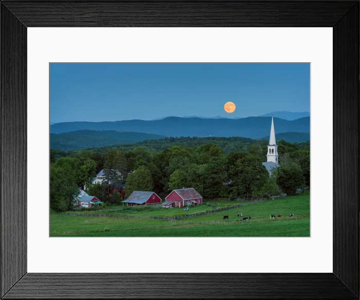 Framed Print : Blue moon rising over white-steeple church and red barn, Green Mountains, Peacham, Vermont, USA Framed Print : Blue moon rising over white-steeple church and red barn, Green Mountains, Peacham, Vermont, USA