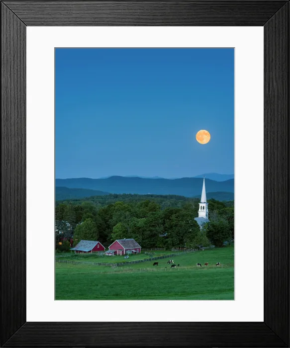 Framed Print : Blue moon rising over white-steeple church and red barn, Green Mountains, Peacham, Vermont, USA