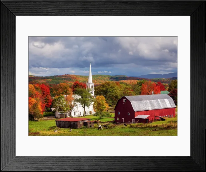 Framed Print : Autumn sunset over white-steeple church and red barns, Green Mountains, Peacham, Vernont, USA Framed Print : Autumn sunset over white-steeple church and red barns, Green Mountains, Peacham, Vernont, USA