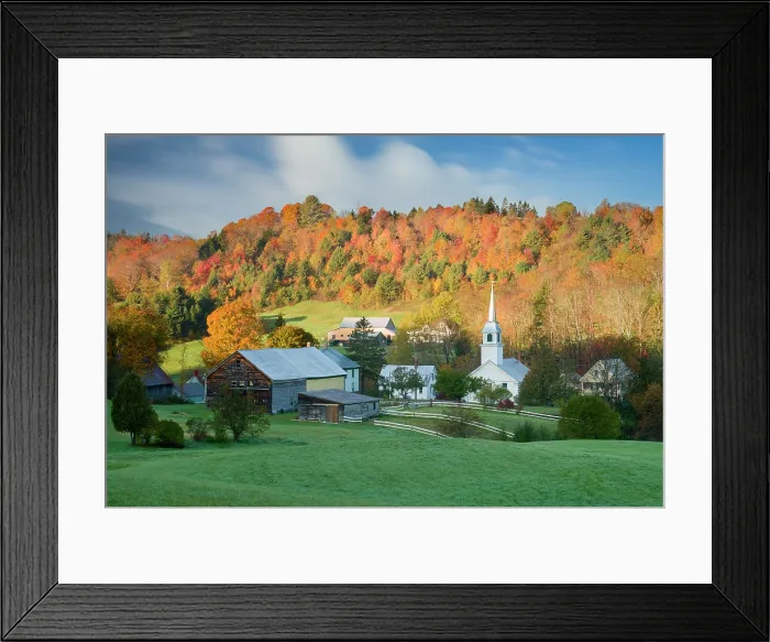 Framed Print : Autumn sunrise over white-steeple church and barn, Green Mountains, East Corinth, Vermont, USA Framed Print : Autumn sunrise over white-steeple church and barn, Green Mountains, East Corinth, Vermont, USA