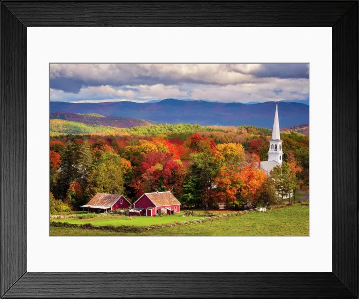 Framed Print : Autumn sunset over white-steeple church and red barns, Green Mountains, Peacham, Vernont, USA