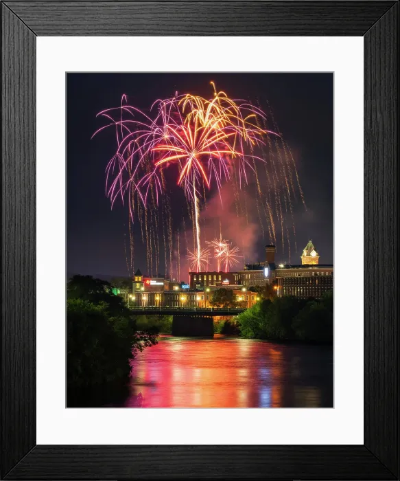Framed Print : Fireworks celebration over Merrimack River, Manchester, New Hampshire, USA Framed Print : Fireworks celebration over Merrimack River, Manchester, New Hampshire, USA