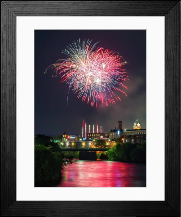 Framed Print : Fireworks celebration over Merrimack River, Manchester, New Hampshire, USA Framed Print : Fireworks celebration over Merrimack River, Manchester, New Hampshire, USA