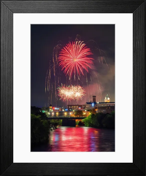 Framed Print : Fireworks celebration over Merrimack River, Manchester, New Hampshire, USA