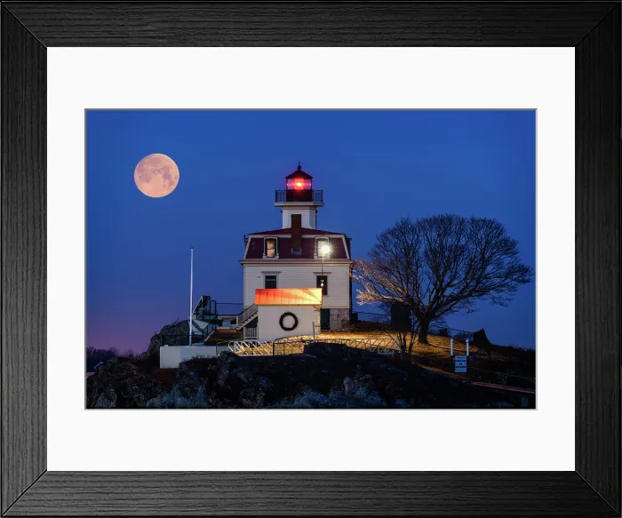 Framed Print : Full moon setting over Pomham Rocks Lighthouse, Riverside, Rhode Island, USA