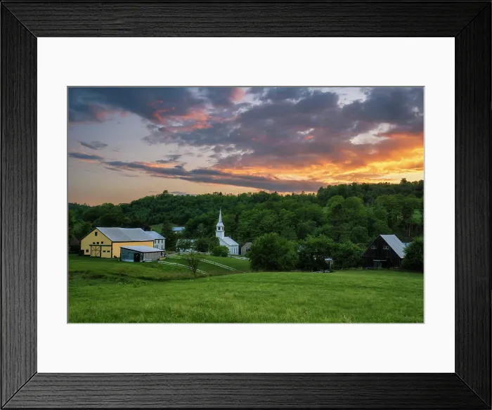 Framed Print : sunset over village and white-steeple church, East Corinth, Vermont, USA Framed Print : sunset over village and white-steeple church, East Corinth, Vermont, USA