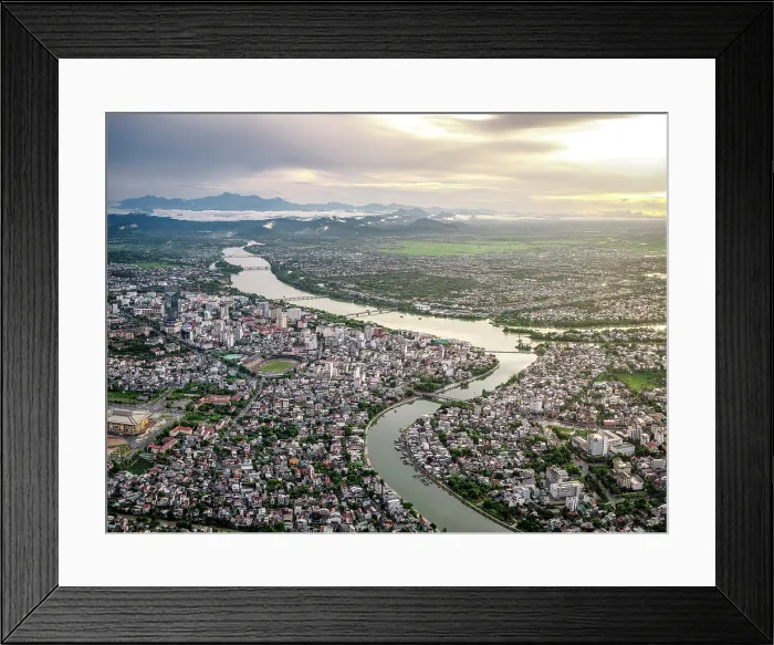 Framed Print : Drone view of Hue city at sunset, Central Vietnam
